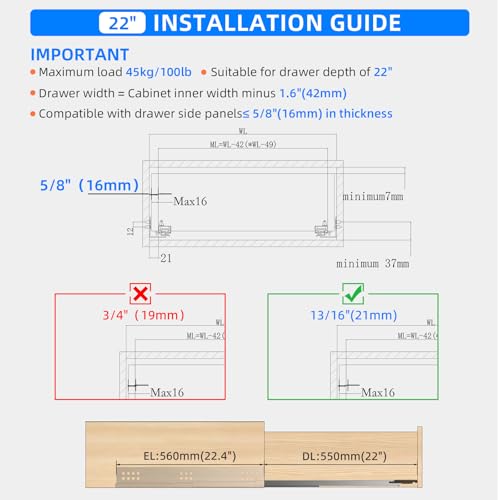 22 Inch Soft Close Undermount Drawer Slides for Frameless, 100lb,1 Pair - size: 22 Inch