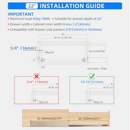 22 Inch Soft Close Undermount Drawer Slides for Frameless, 100lb,1 Pair - size: 22 Inch