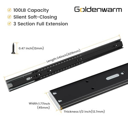 Goldenwarm 24 Inch Black Soft Close Drawer Slides 20 Pack 10 Pairs 100lb - size: 24 Inch