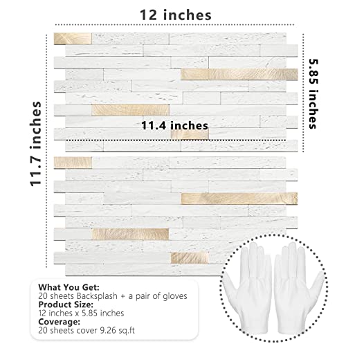 STICKGOO 20 Sheets Peel and Stick Backsplash Tile, Stick on Backsplash for Kitchen and Bathroom, White Sandstone Look PVC Mixed Metal Gold Self Adhesive Wall Tiles - color: White Sandstone + Metal Gold