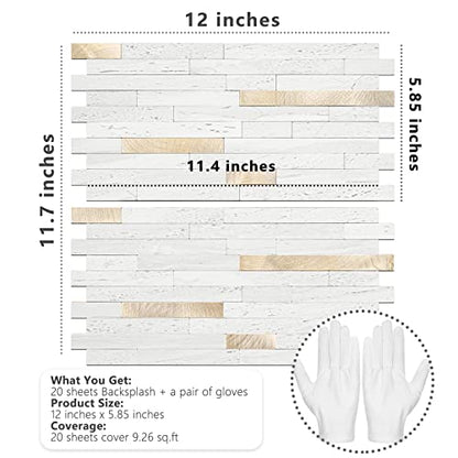 STICKGOO 20 Sheets Peel and Stick Backsplash Tile, Stick on Backsplash for Kitchen and Bathroom, White Sandstone Look PVC Mixed Metal Gold Self Adhesive Wall Tiles - color: White Sandstone + Metal Gold