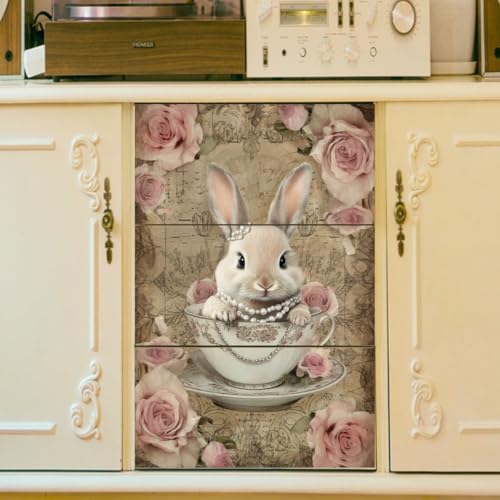 Peacoblue Teacup Bunny Rub On Transfers for Furniture 6"x12" - style: Vintage Teacup Bunny and Roses