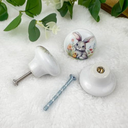 8Pack1.5 Rabbit with Flowers Ceramics Handle Knob Cute Safari Animal Decor Cabinet Dresser Drawer Knobs and Pulls