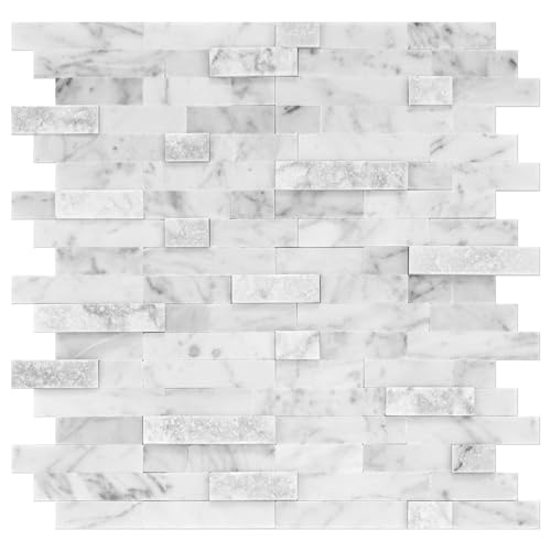 Natural Real Stone Mosaic Backsplash - 5 Sheets 3D Self Adhesive Stone Wall Tile-Grout-Free Heavy Duty Decorative Tiles for Kitchen Bathroom Vanity Stove Backplate Fireplace Surround 11.5x10.7in - color: Carrara