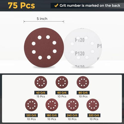 HARFINGTON 75Pcs 5Inch Sanding Disc 8 Hole Hook and Loop Sandpaper Red - size: 5 Inch(40/60/80/120/180/240/320 Grit)