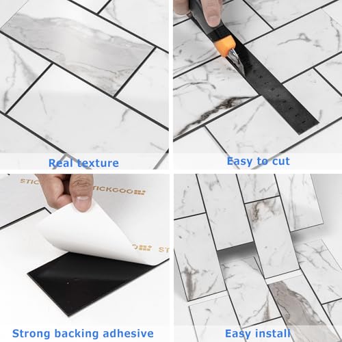 STICKGOO 10-Sheet Backsplash Peel and Stick Subway Tile(Thicker Design) - color: Glossy Grey Marble