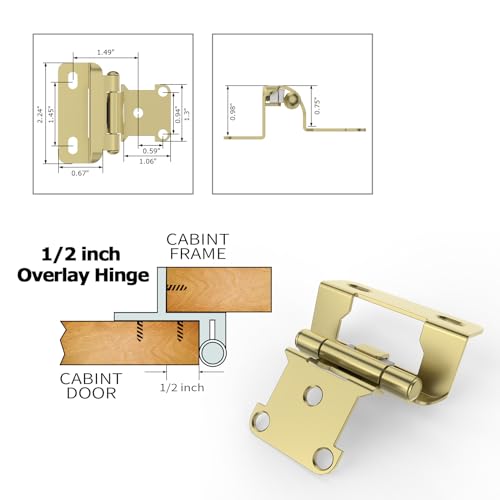 Chibery 20 Pack | 1/2 inch Overlay Semi Partial Wrap Around Cabinet Hinges, Self Closing Face Frame Variable Decorative Replacement, Kitchen Hardware, with Screw & Quiet Bumper (Brass Gold) - color: Gold