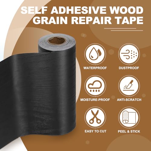 Self Adhesive Wood Grain Repair Tape 33'x 3", Multi-Use Realistic Wood Grain Repair Patch for Furniture Floor Door Table Chair Windows Handicraft DIY, Black Wood Grain