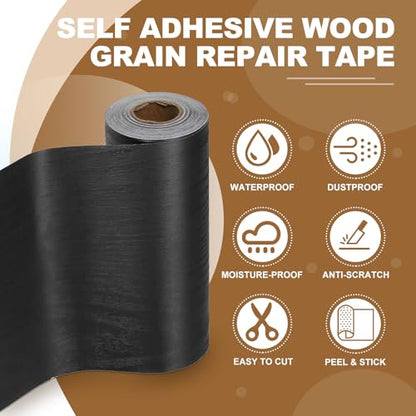 Self Adhesive Wood Grain Repair Tape 33'x 3", Multi-Use Realistic Wood Grain Repair Patch for Furniture Floor Door Table Chair Windows Handicraft DIY, Black Wood Grain