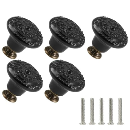 Ceramic Cabinet Knobs, Embossed Floral Design - Black, 20pcs - color: Black