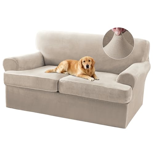 Sofa Cover 3 Piece T Cushion Loveseat Covers for 2 Cushion Couch Thick Velvet Couch Cover Stretch Furniture Covers with 2 Individual T Cushion Covers, Washable (2 Cushion Loveseat, French Oak) - color: French Oak, size: Loveseat (2 Cushion)