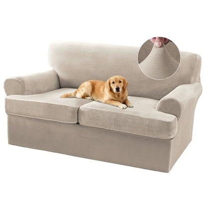 Sofa Cover 3 Piece T Cushion Loveseat Covers for 2 Cushion Couch Thick Velvet Couch Cover Stretch Furniture Covers with 2 Individual T Cushion Covers, Washable (2 Cushion Loveseat, French Oak) - color: French Oak, size: Loveseat (2 Cushion)