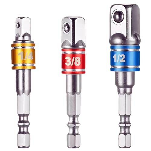 Impact Grade Socket Adapter/Extension Set/1/4in Hexagonal Rod Drive Adapter, Turns Power Drill Into High-Speed Nut Driver, for Drill Chucks, Sizes 1/2in 3/8in 1/4in, CR-V, 3-Piece Set - color: 3p*color