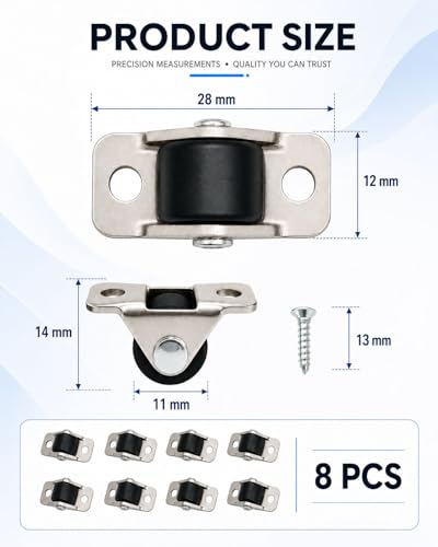 8 Pack Fixed Caster Wheels - 1/2 Inch Small Silent Rigid Plate Casters for Furniture, Tiny Rubber Rolling Wheels with Metal Top Plate