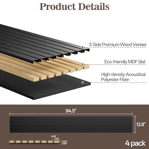 4 Pack Acoustic Wood Panels for Wall 94.48" x 12.79" Soundproof - color: Black, size: 94" x 12" (4 PCs)