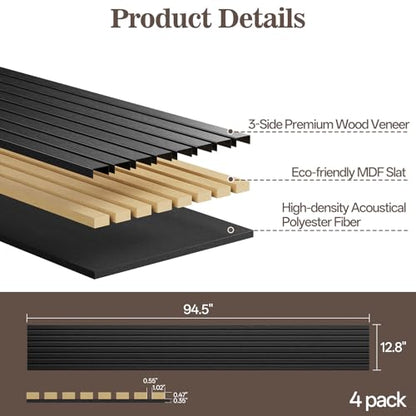 4 Pack Acoustic Wood Panels for Wall 94.48" x 12.79" Soundproof - color: Black, size: 94" x 12" (4 PCs)