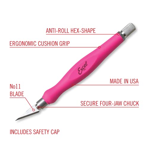 Excel Blades Pink Fit Grip Craft Knife + #11 Precision Replacement Blades 15-Pack Bundle – Rubberized Hobby Knife and Double-Honed Refill Blades for Crafts, Models, Vinyl, Foam