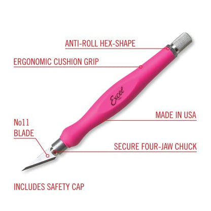 Excel Blades Pink Fit Grip Craft Knife + #11 Precision Replacement Blades 15-Pack Bundle – Rubberized Hobby Knife and Double-Honed Refill Blades for Crafts, Models, Vinyl, Foam