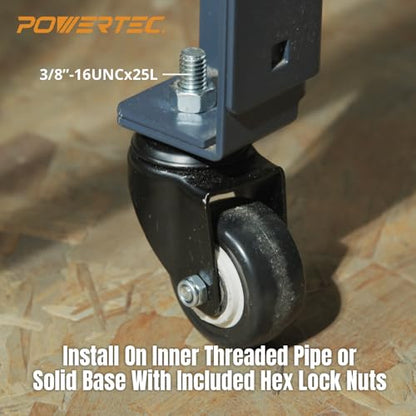 POWERTEC 2 Inch Caster Wheels Set of 4, 3/8"-16 x 1 Stem Casters - 2 Casters W/Dual Locking Break - Heavy Duty 350 lbs, 360° Swivel, PU Castor Wheels for Furniture, Carts, Trolleys, Toolboxes (17220)