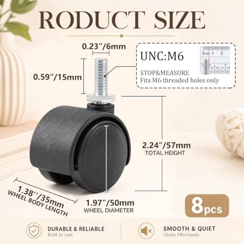 BBTO 8 Pcs 2 Inch M6 Swivel Stem Casters Wheels Replacement, M6 Threaded Stem Caster, Heavy Duty 360° Standing Desk Wheels, No Noise, Black Nylon, for Cart Furniture Table Cabinet Shelf - size: 2 Inch X M6 x 15 mm, style: Threaded, No Brake