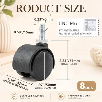 BBTO 8 Pcs 2 Inch M6 Swivel Stem Casters Wheels Replacement, M6 Threaded Stem Caster, Heavy Duty 360° Standing Desk Wheels, No Noise, Black Nylon, for Cart Furniture Table Cabinet Shelf - size: 2 Inch X M6 x 15 mm, style: Threaded, No Brake
