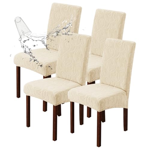 Waterproof Dining Room Chair Covers, Stretch Parsons Chair Slipcovers - color: Flower Pattern-beige, size: Large-4 Pack
