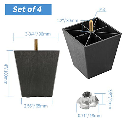 4pcs Plastic Square Legs 4" with T-Nuts, M8-1.25 Thread Bolt - size: 4 Inch, M8-1.25 Metric Thread Bolts