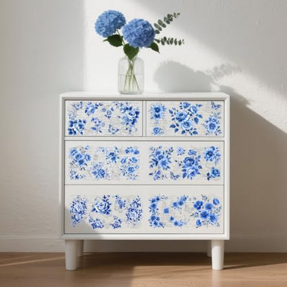 Peacoblue Blue Floral Background Rub On Transfers for Furniture 6"x12" - style: Blue Flowers with A Full Background