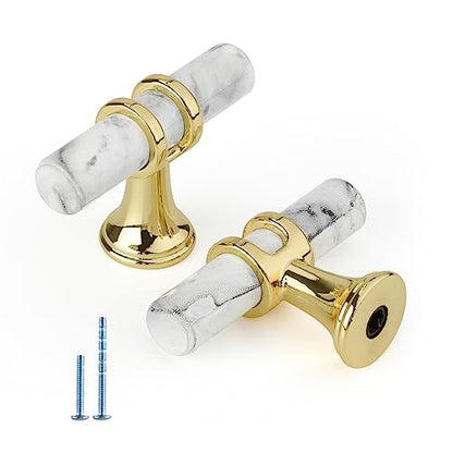 Rergy 10 Pack Cabinet knobs, White Marble & Polished Gold Single Hole Pulls - color: White Marble & Gold, size: Single Hole