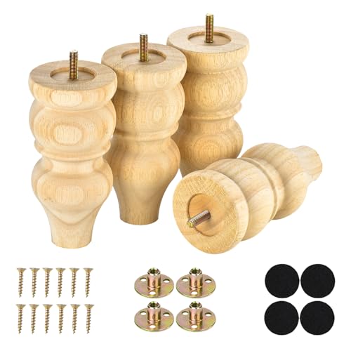6 Inch Sofa Legs Replacement Set of 4, Unfinished Wood Bun Feet for Furniture, Suitable for Couch/Ottoman/Chair