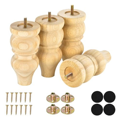 6 Inch Sofa Legs Replacement Set of 4, Unfinished Wood Bun Feet for Furniture, Suitable for Couch/Ottoman/Chair