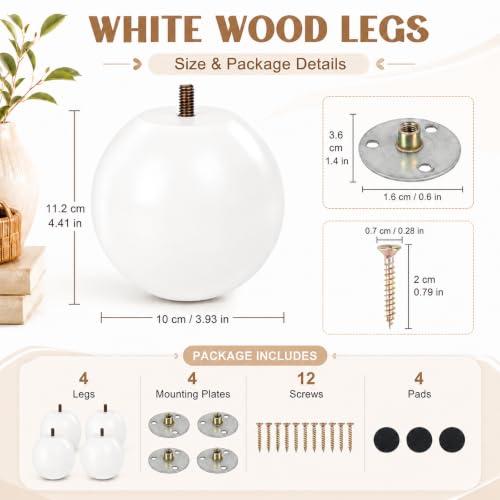 4 Inch Wooden Sofa Legs Set of 4 White Wood Round Sofa Legs with Mounting Plate Screws Solid Wood Furniture Feet for Couch Bed Cabinet Bookcase Ottoman - color: White
