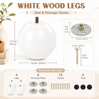 4 Inch Wooden Sofa Legs Set of 4 White Wood Round Sofa Legs with Mounting Plate Screws Solid Wood Furniture Feet for Couch Bed Cabinet Bookcase Ottoman - color: White