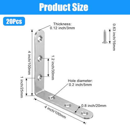 20 Pcs L Bracket Corner Braces 4 Inch Stainless Steel L Bracket Heavy Duty Shelf Bracket for Wood Shelves, Wall Hanging Support 90 Degree Joint Right Angle Brackets with Screws