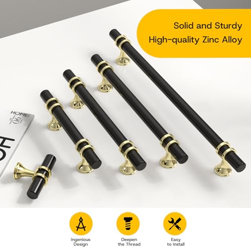 Rergy 10 Pack 5 Inch Hole Center Black and Gold Cabinet Handles - color: Black&Gold, size: 5-1/16in Hole Center(128mm)
