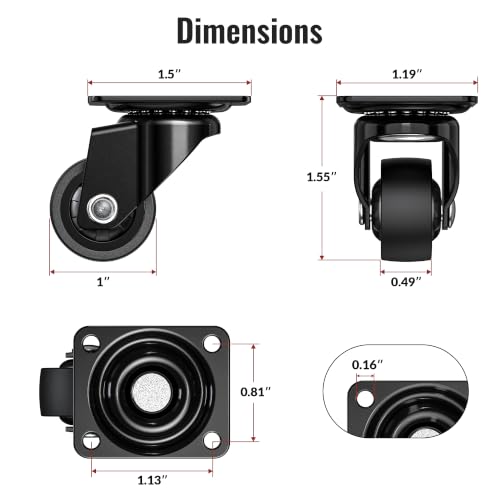 1 Inch Small Caster Wheels for Furniture Low Profile Casters Set of 4