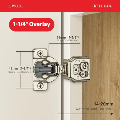 20 Pack Soft Close Cabinet Hinges for Face Frame Doors, 1-1/4 Inch Overlay Concealed Hinges, 105° 3-Way Adjustable, 35mm Cup, Nickel Finish with Screws - size: 1-1/4 inch Overlay