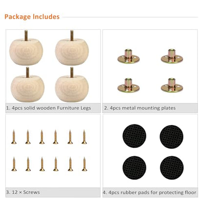 2 Inch Wood Furniture Legs Set of 4 Round Bun Feet Dresser Cabinet Sofa - size: 2inch