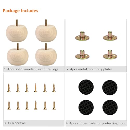 2 Inch Wood Furniture Legs Set of 4 Round Bun Feet Dresser Cabinet Sofa - size: 2inch
