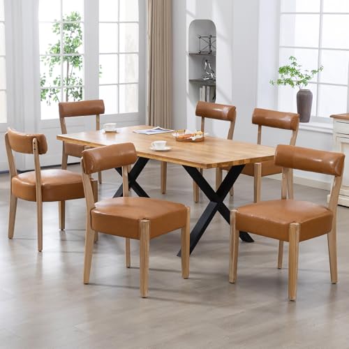 ZJhome Modern Dining Chairs Set of 6– Mid-Century Modern Faux Leather Upholstered Kitchen & Dining Room Chairs with Curved Back, Oversized Rounded Seat, Sturdy Wood Frame, Brown - color: Brown Leather, size: Set of 6