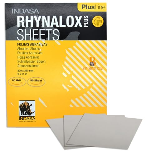 Indasa 50 PCS 9x11 Sandpaper Rhynalox Plusline - 60 Grit Dry Sanding Sheets, Professional-Grade Abrasive for Wood, Metal, Automotive, and Paint Finishing - Durable, Clog-Resistant Sand Paper - size: 60 GRIT 9x11" Rhynalox