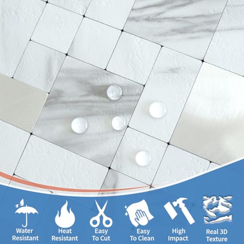 DICOFUN 1 Sheet White Marble Look Peel and Stick Tile Backsplash, Mixed Metal Silver Chips Kitchen and Bathroom Tiles, Stick on Backsplash for Stove - color: White Marble and Metal Silver, size: 1 Sheet, 12"x12"x0.12"
