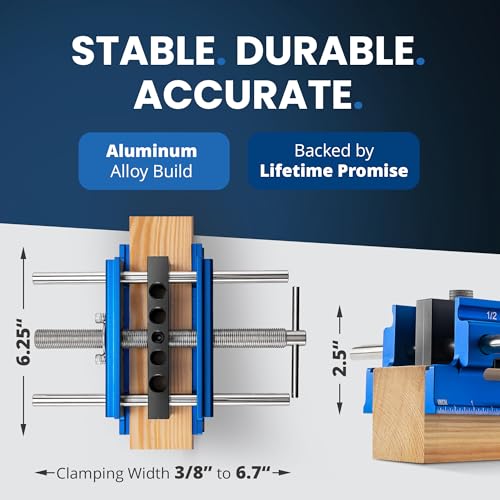 ELEON Self Centering Dowel Jig with Elongated Jaws & Extra Wide Clamp up to 6.7" - Precision Woodworking Made Effortless - Lasting Craftsmanship - Aluminum Alloy Drill with Guide & 6pcs Drill Bushings