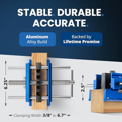 ELEON Self Centering Dowel Jig with Elongated Jaws & Extra Wide Clamp up to 6.7" - Precision Woodworking Made Effortless - Lasting Craftsmanship - Aluminum Alloy Drill with Guide & 6pcs Drill Bushings