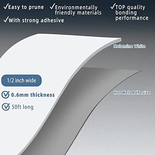 White Melamine Edge Banding, 1/2 inch x 50ft roll of Veneer Edge Banding Pre-glued, Real Wood Tape Banding for Cabinet Repair - color: White, size: 1/2"x 50ft