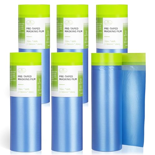 Tangibay Pre-Taped Masking Film for Painting - 70" x 66' Painters Plastic Sheeting for House & Automotive Paint, Tape and Drape for Covering Cars, Walls, Windows and Furniture Protection (6 Rolls) - size: 6 Rolls: 70"x66'
