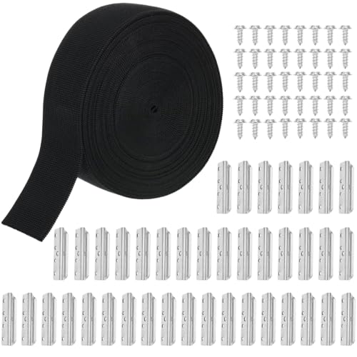 2 Inch x 40ft Thicken Webbing Replacement Kit – Elastic Heavy Duty Upholstery Strap Roll with 40 Metal Clips for Fixing Sagging Sofas, Dining Chairs, Patio Furniture & Outdoor Seats (Black)