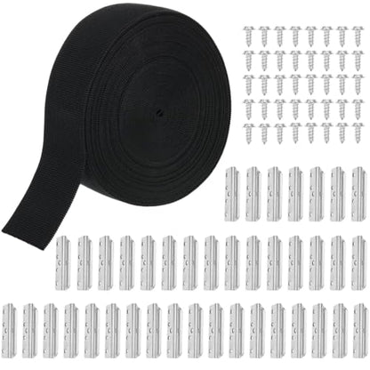 2 Inch x 40ft Thicken Webbing Replacement Kit – Elastic Heavy Duty Upholstery Strap Roll with 40 Metal Clips for Fixing Sagging Sofas, Dining Chairs, Patio Furniture & Outdoor Seats (Black)