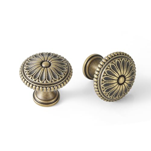 2 Pack Solid Brass Cabinet Knobs, Retro Drawer Knobs, Brushed Antique Brass Cabinet Knobs for Kitchen, Bathroom, and Furniture - size: Knob-F