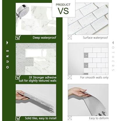 STICKGOO 10-Sheet Subway Tile Peel and Stick Backsplash, Self Adhesive Vinyl Wall Tiles, Stick on Backsplash for Kitchen and Bathroom(Thicker Design) - color: Carrara Marble